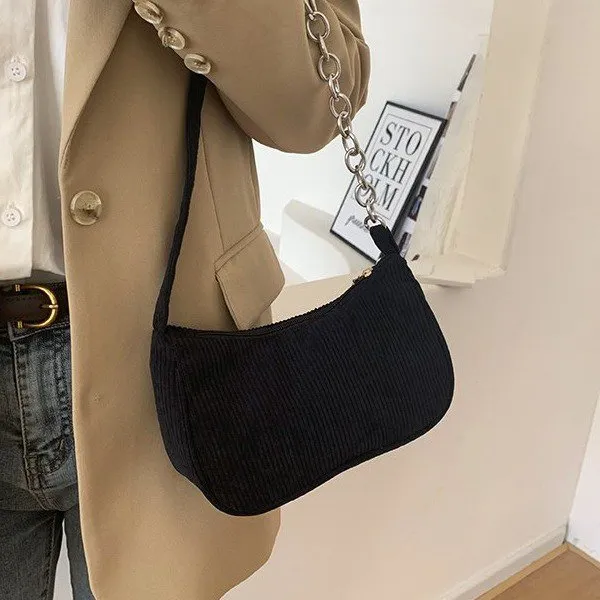 Autumn and Winter New Portable Small Square Bag Plush One-Shoulder Fashion Retro Corduroy Underarm Baguette Bag Handbag