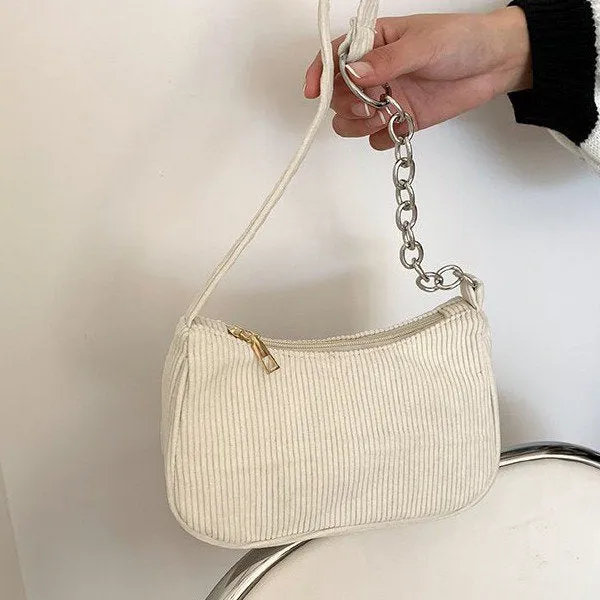 Autumn and Winter New Portable Small Square Bag Plush One-Shoulder Fashion Retro Corduroy Underarm Baguette Bag Handbag