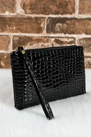 Black Crocodile Pattern Zipper Wristlet Clutch