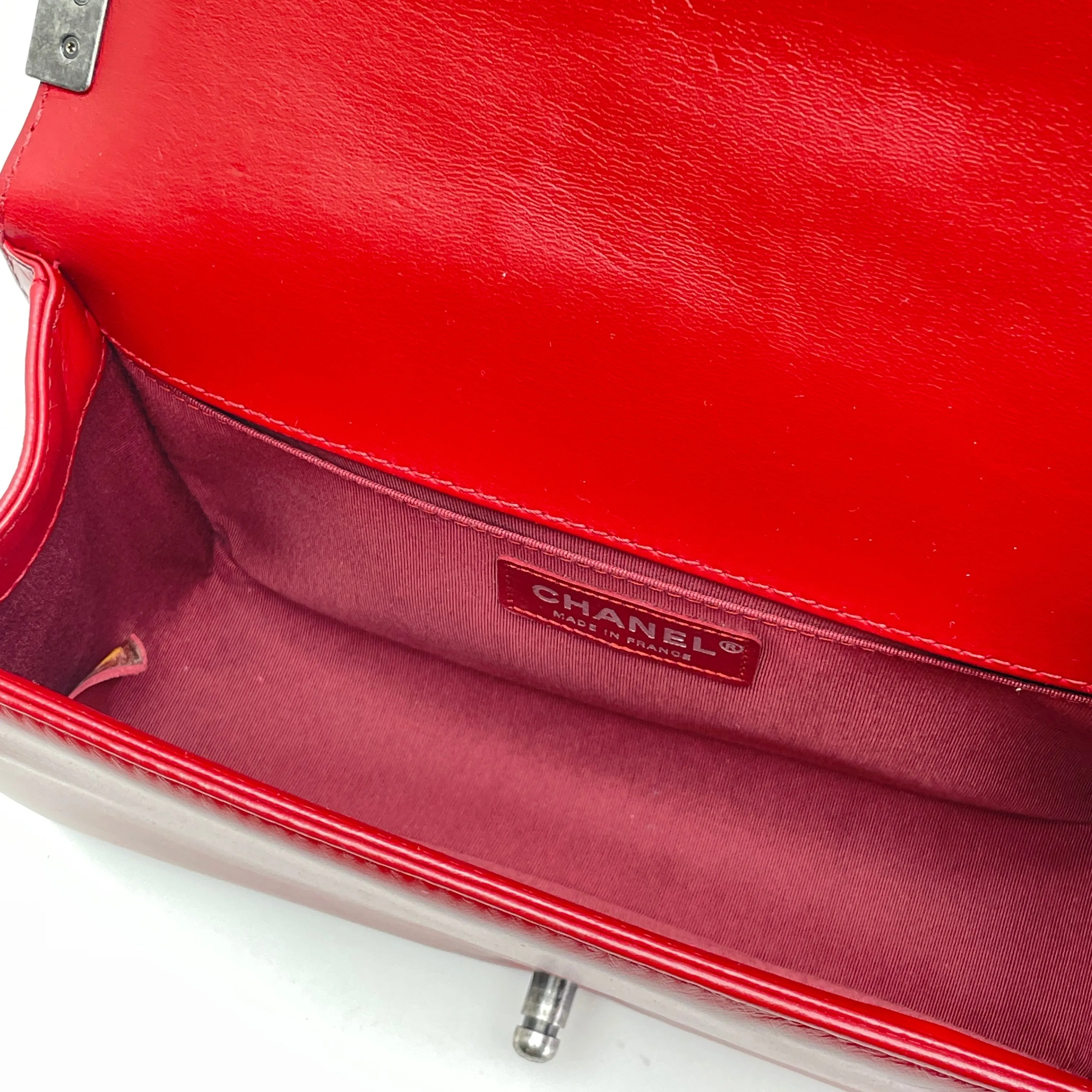 Boy Medium Red Shoulder Bag in Calfskin, Ruthenium hardware