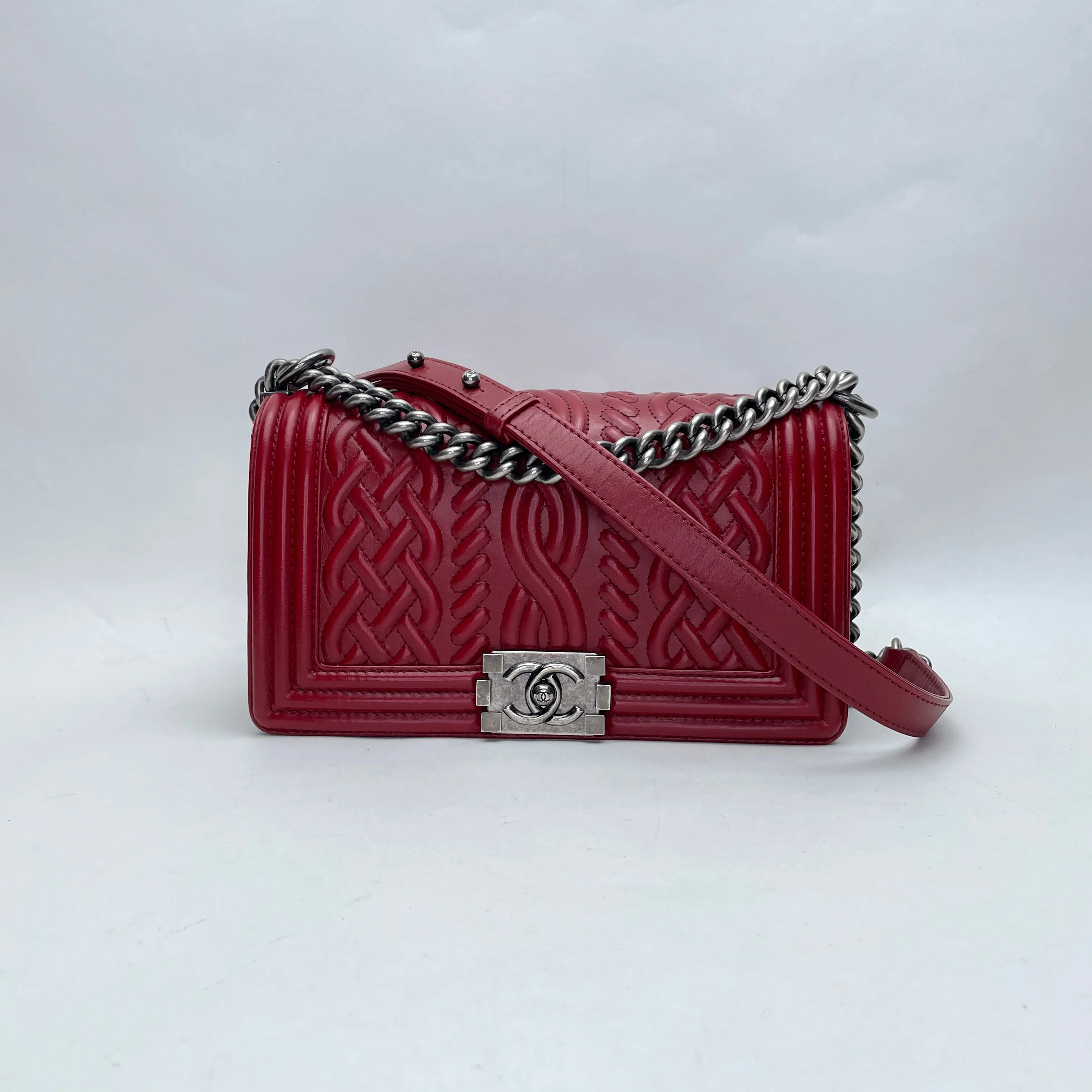 Boy Medium Red Shoulder Bag in Calfskin, Ruthenium hardware