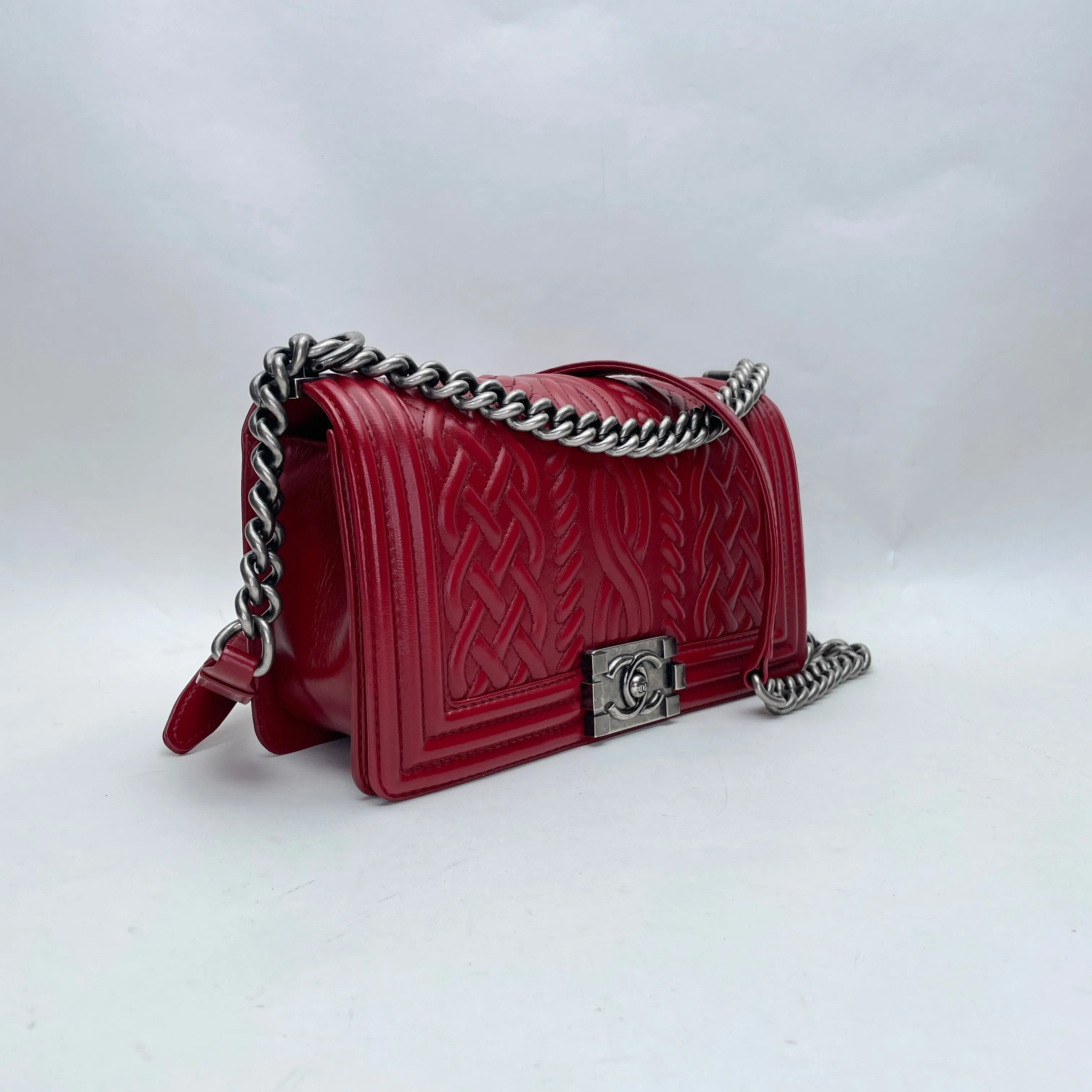 Boy Medium Red Shoulder Bag in Calfskin, Ruthenium hardware