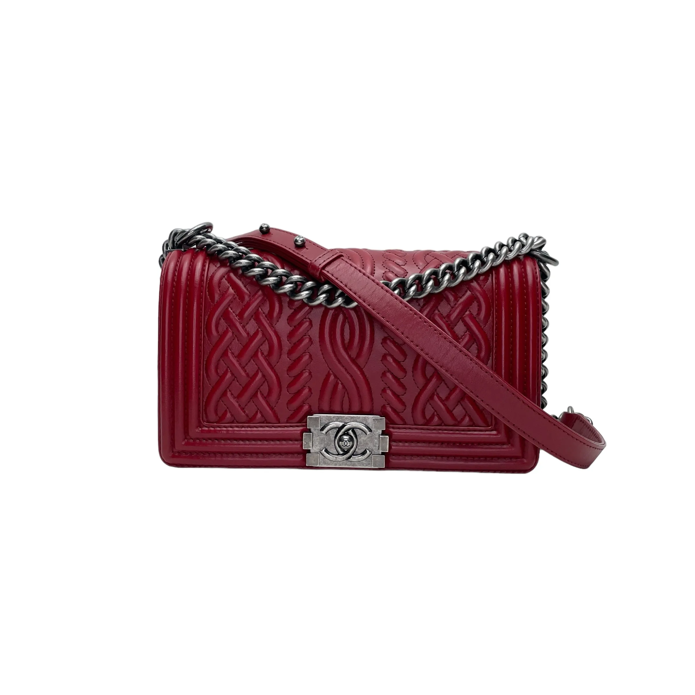 Boy Medium Red Shoulder Bag in Calfskin, Ruthenium hardware