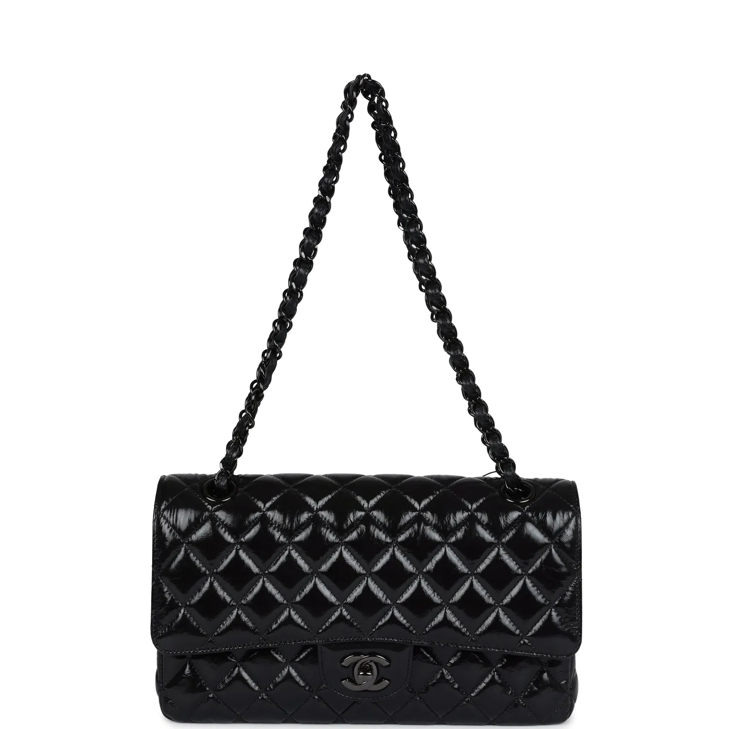 Chanel Medium Classic Double Flap Bag So Black Shiny Aged Calfskin Black Hardware