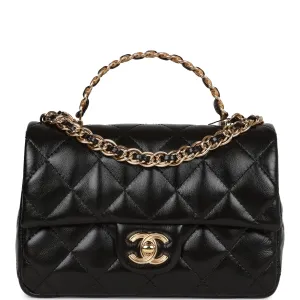 Chanel Mini Rectangular Flap with Top Handle Black Lambskin Gold Hardware