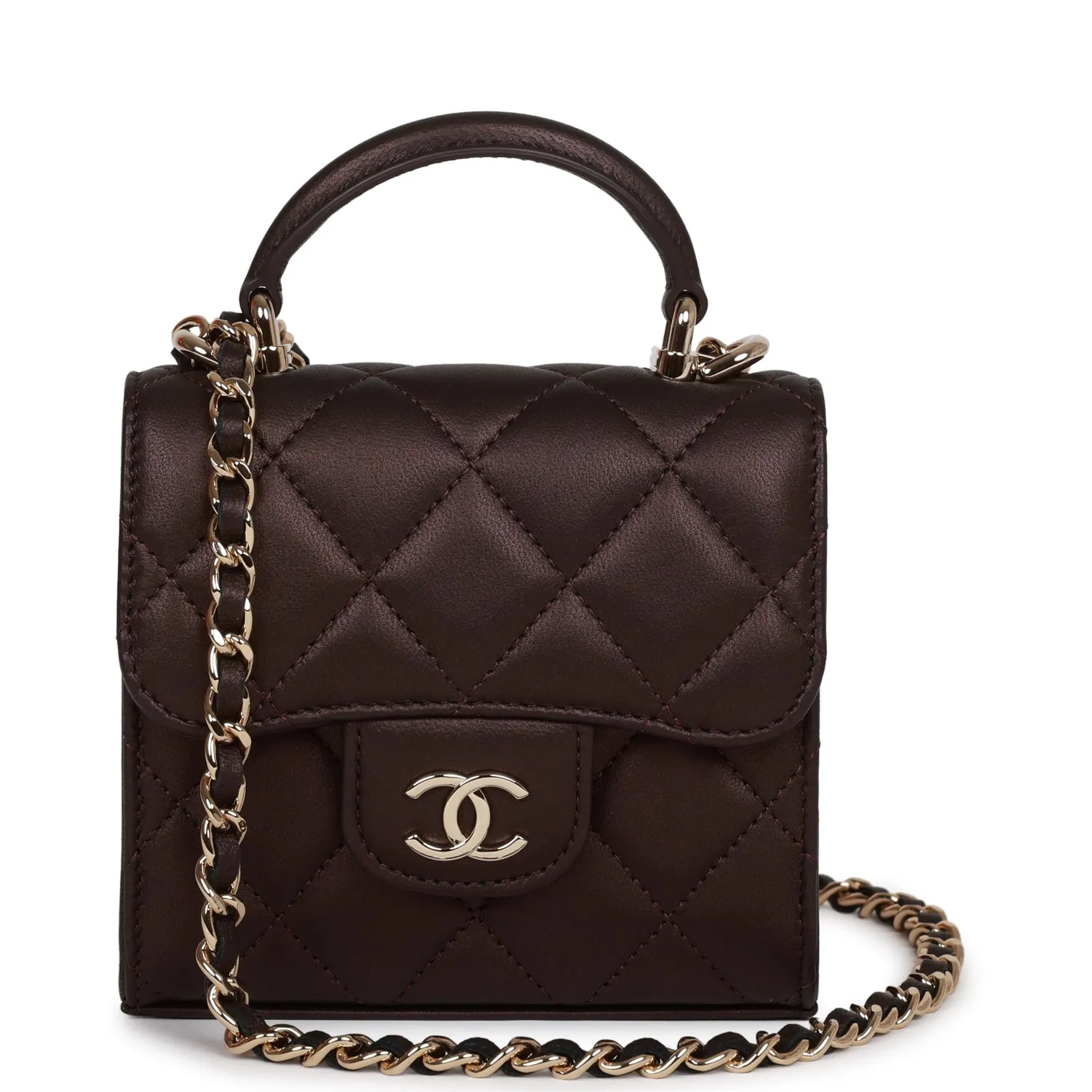 Chanel Mini Top Handle Clutch With Chain Burgundy Iridescent Lambskin Light Gold Hardware