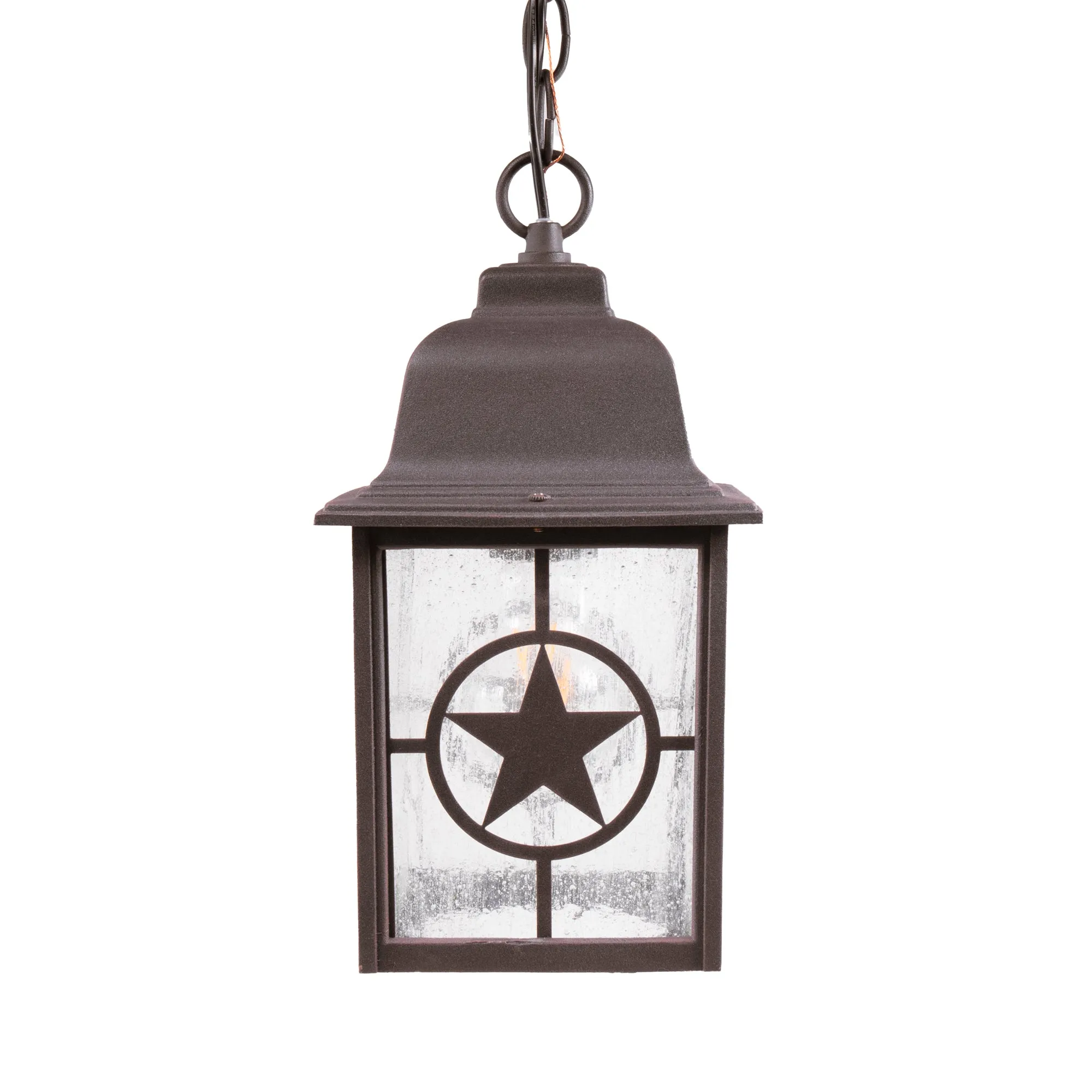 Country Star Indoor / Outdoor Farmhouse Pendant Light, E26 Standard Socket, Damp Location, Seedy Glass, Black and Rust Finish