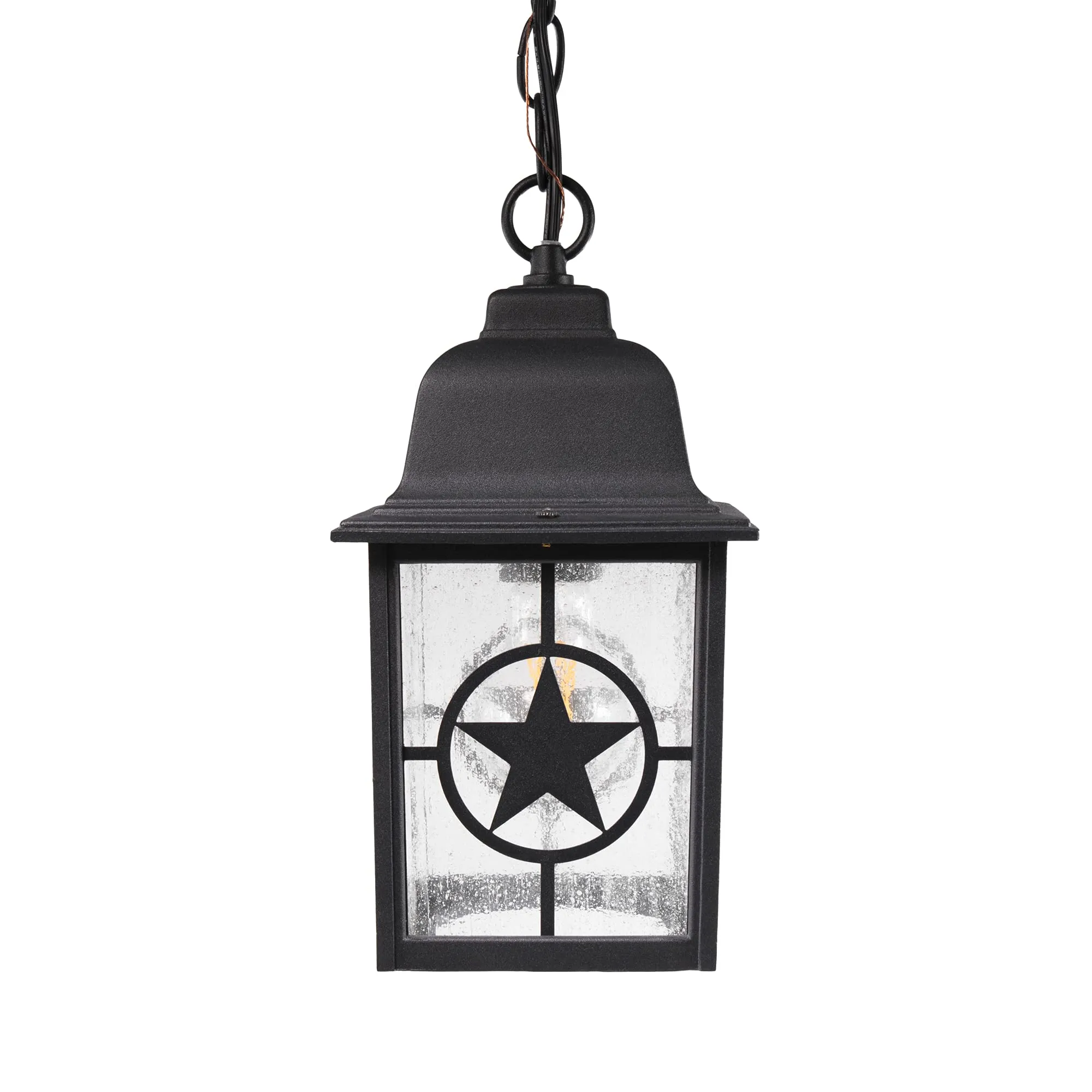 Country Star Indoor / Outdoor Farmhouse Pendant Light, E26 Standard Socket, Damp Location, Seedy Glass, Black and Rust Finish