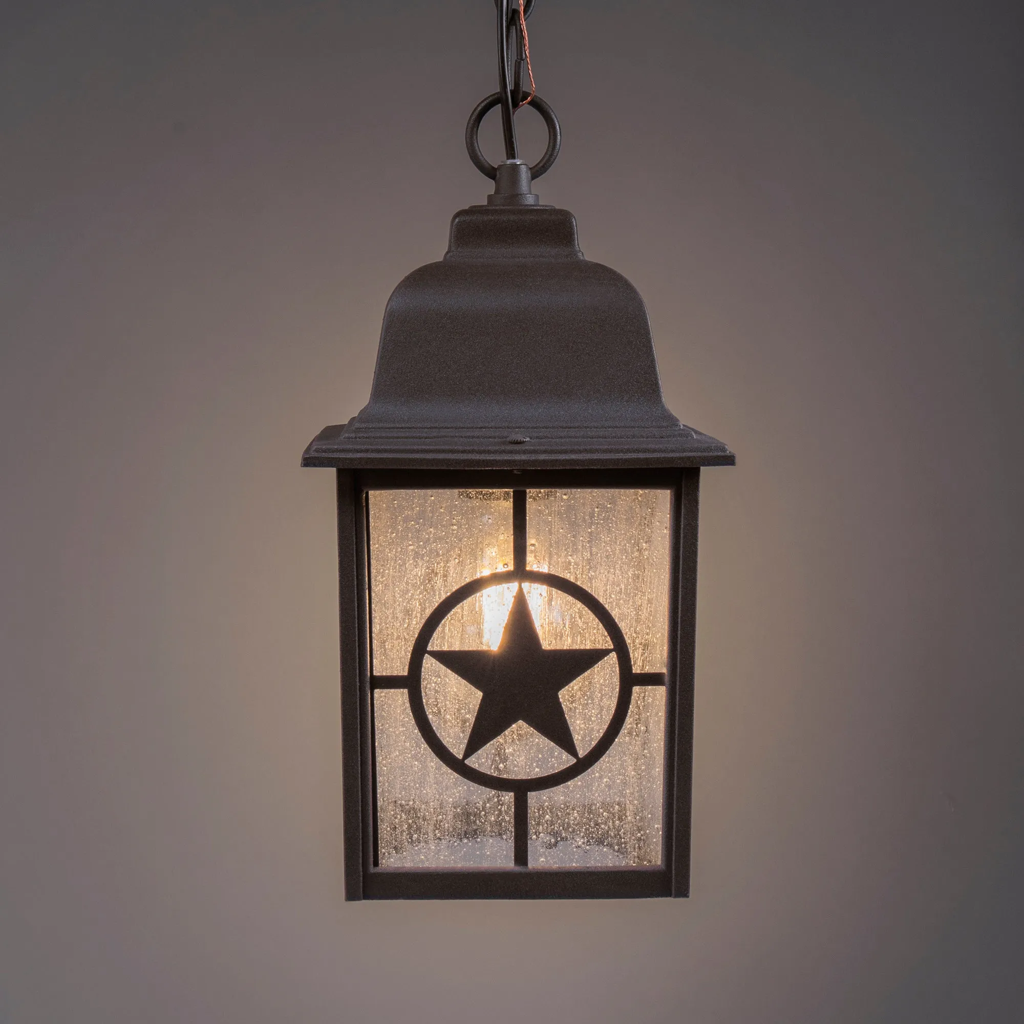 Country Star Indoor / Outdoor Farmhouse Pendant Light, E26 Standard Socket, Damp Location, Seedy Glass, Black and Rust Finish