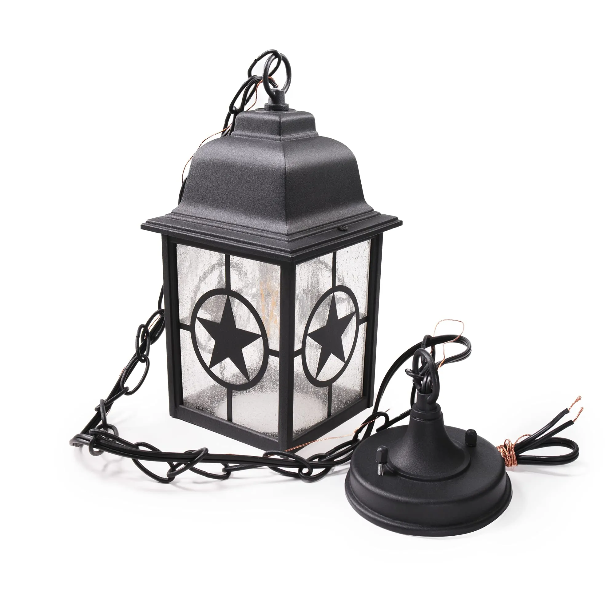 Country Star Indoor / Outdoor Farmhouse Pendant Light, E26 Standard Socket, Damp Location, Seedy Glass, Black and Rust Finish