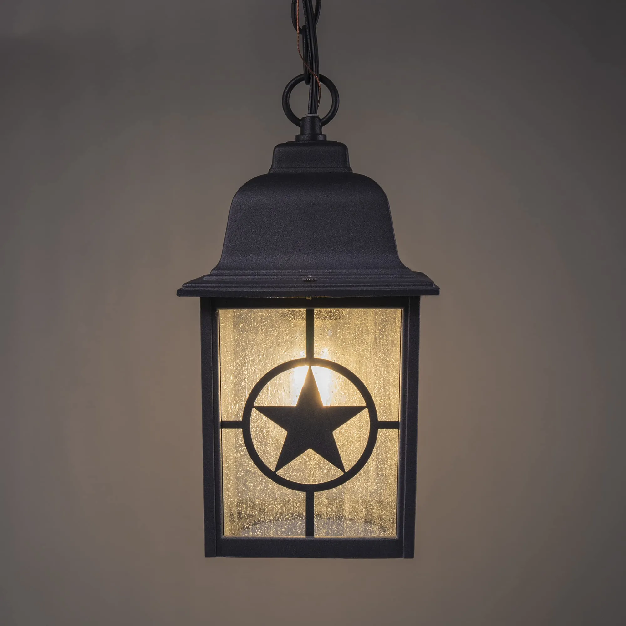 Country Star Indoor / Outdoor Farmhouse Pendant Light, E26 Standard Socket, Damp Location, Seedy Glass, Black and Rust Finish