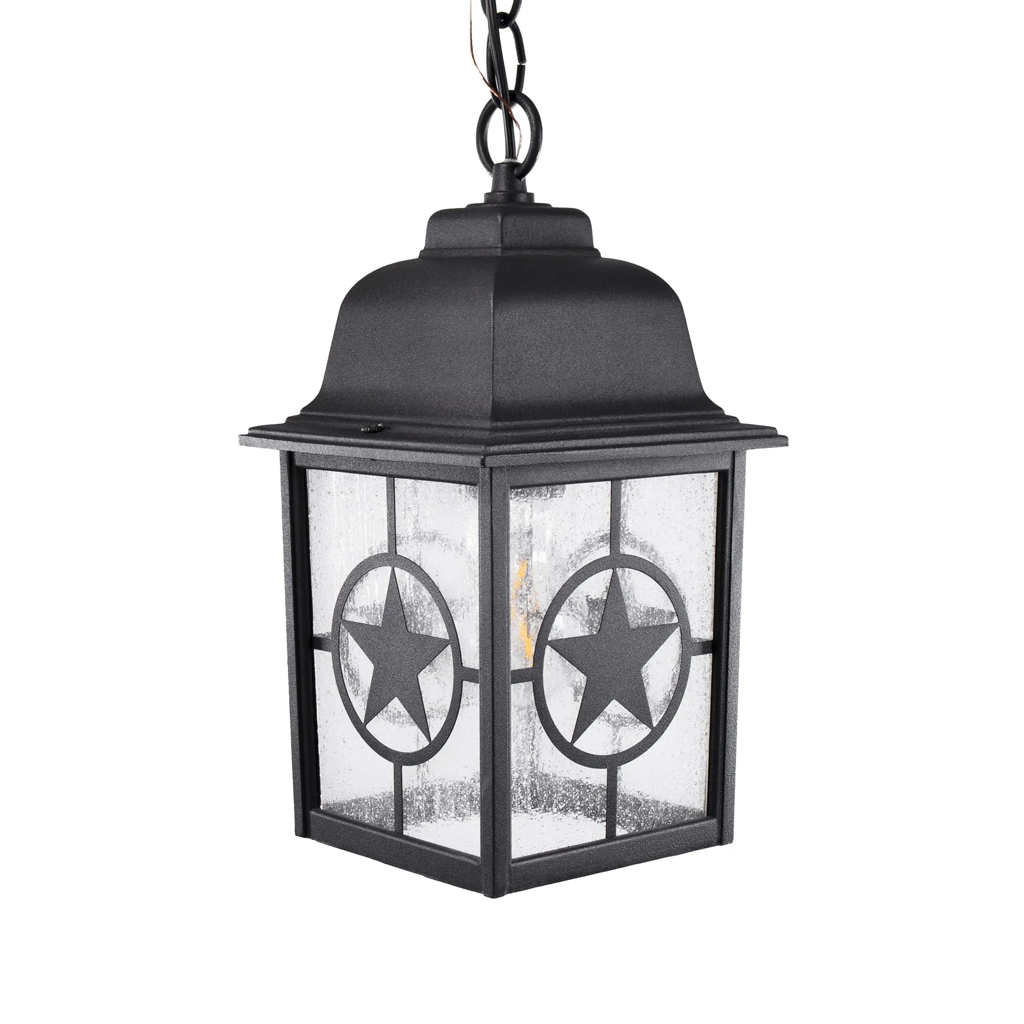 Country Star Indoor / Outdoor Farmhouse Pendant Light, E26 Standard Socket, Damp Location, Seedy Glass, Black and Rust Finish