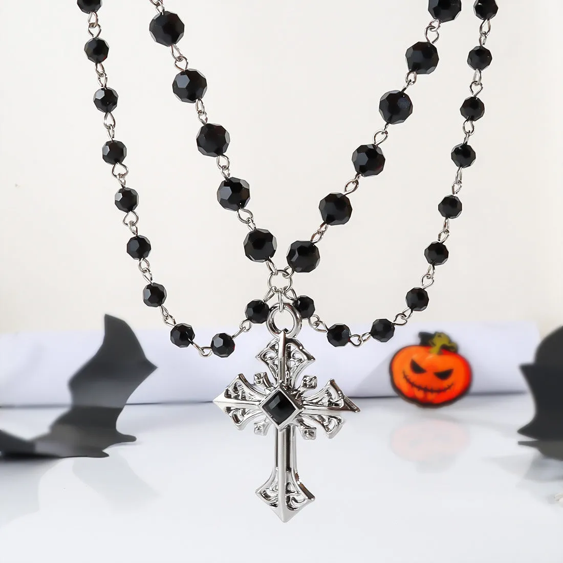 European American Dark Simple Fashion Hip Hop Punk Halloween Cross Beaded Necklace