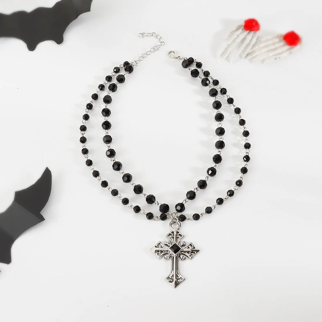 European American Dark Simple Fashion Hip Hop Punk Halloween Cross Beaded Necklace