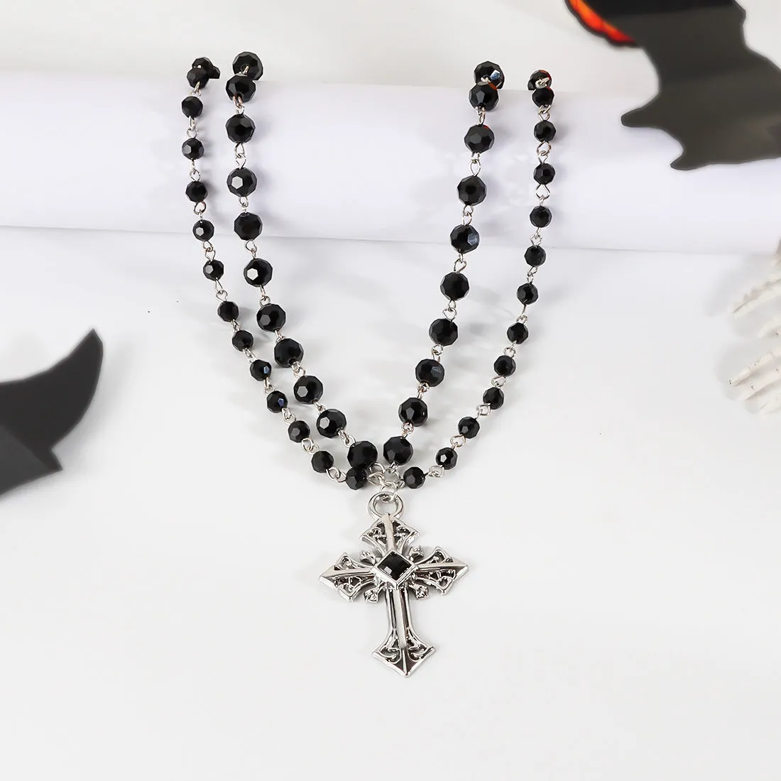 European American Dark Simple Fashion Hip Hop Punk Halloween Cross Beaded Necklace