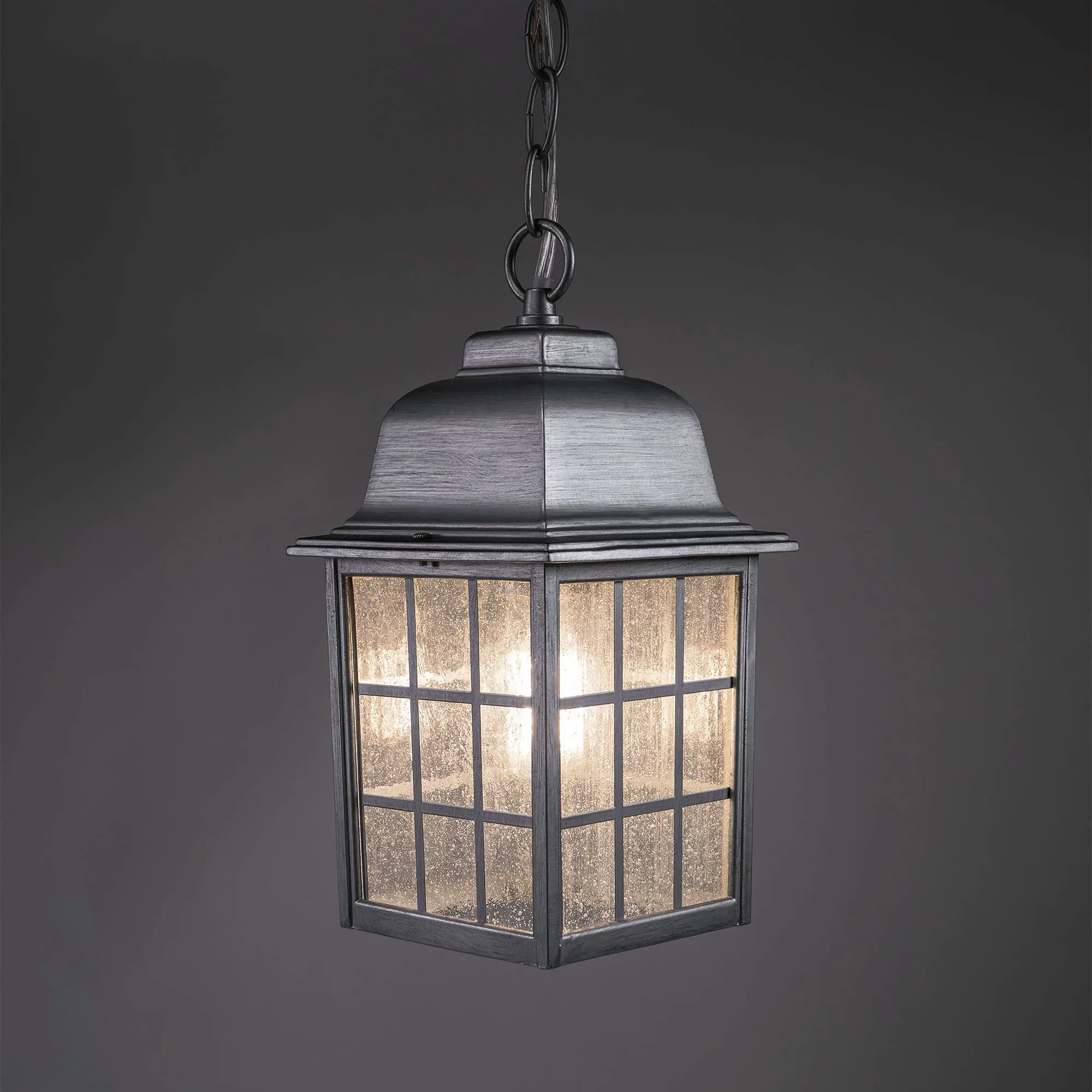 French Pane Outdoor Pendant Light, E26 Standard Socket, Damp Location, Seedy Glass, Black, Smoked Steel or White Finish