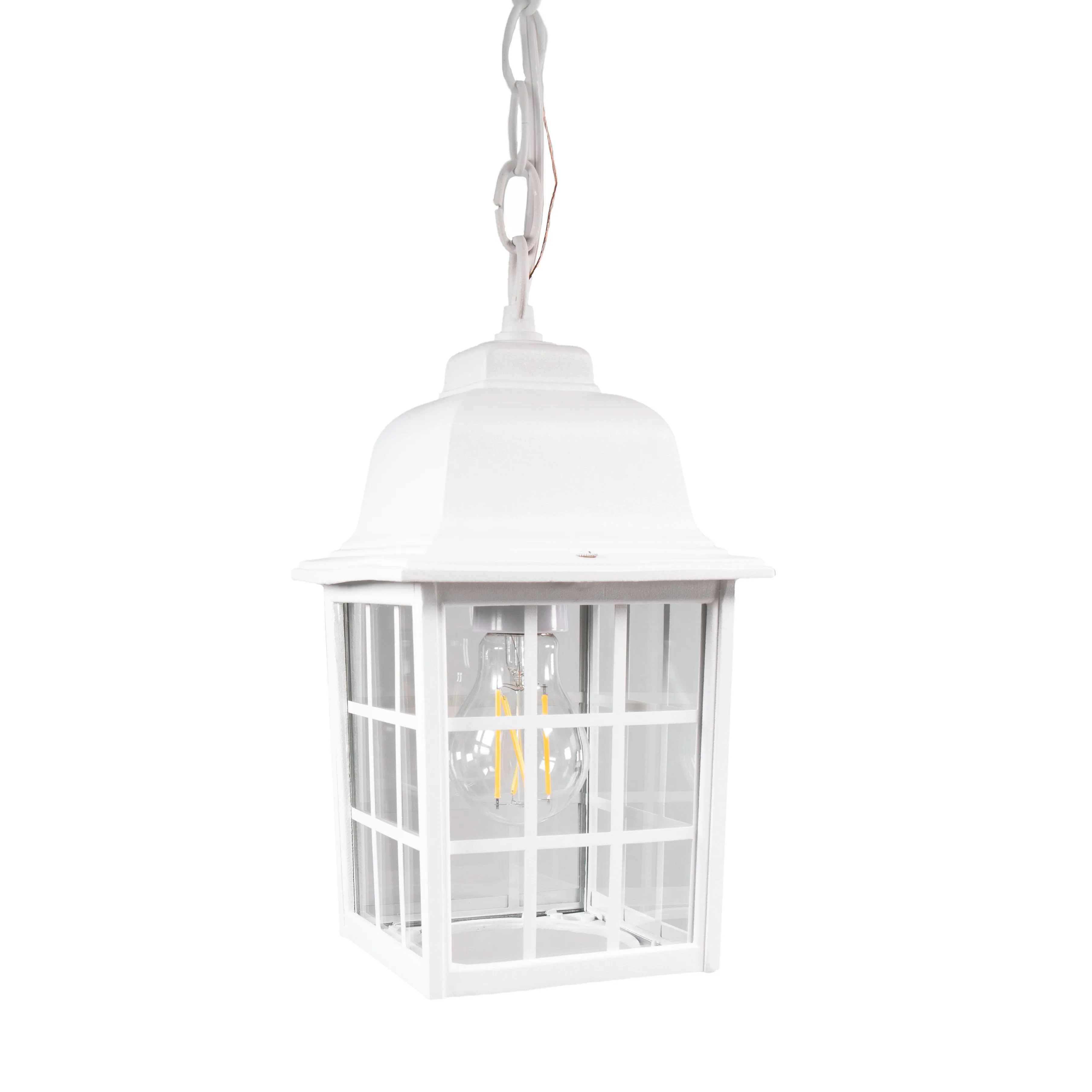 French Pane Outdoor Pendant Light, E26 Standard Socket, Damp Location, Seedy Glass, Black, Smoked Steel or White Finish