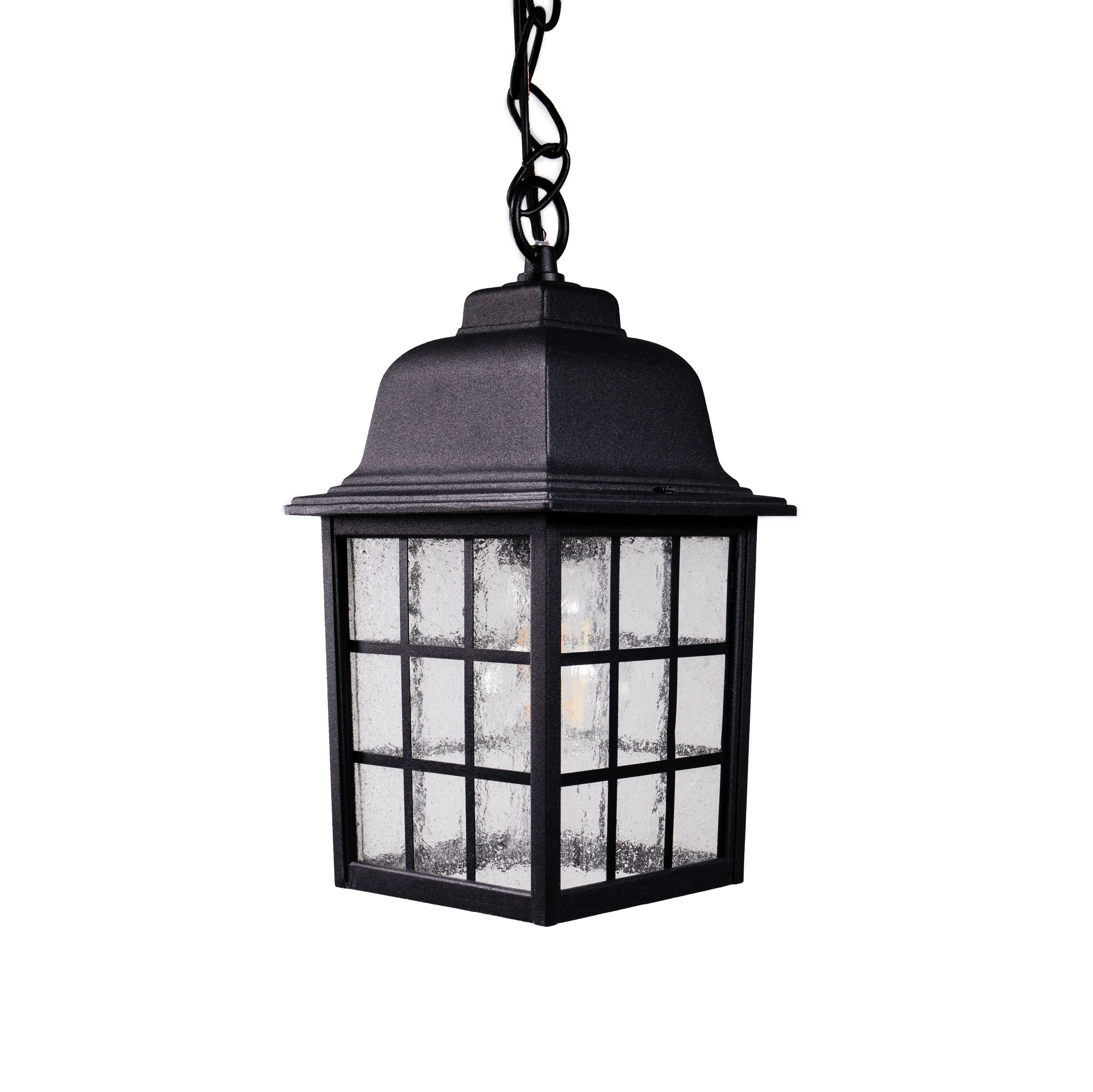 French Pane Outdoor Pendant Light, E26 Standard Socket, Damp Location, Seedy Glass, Black, Smoked Steel or White Finish