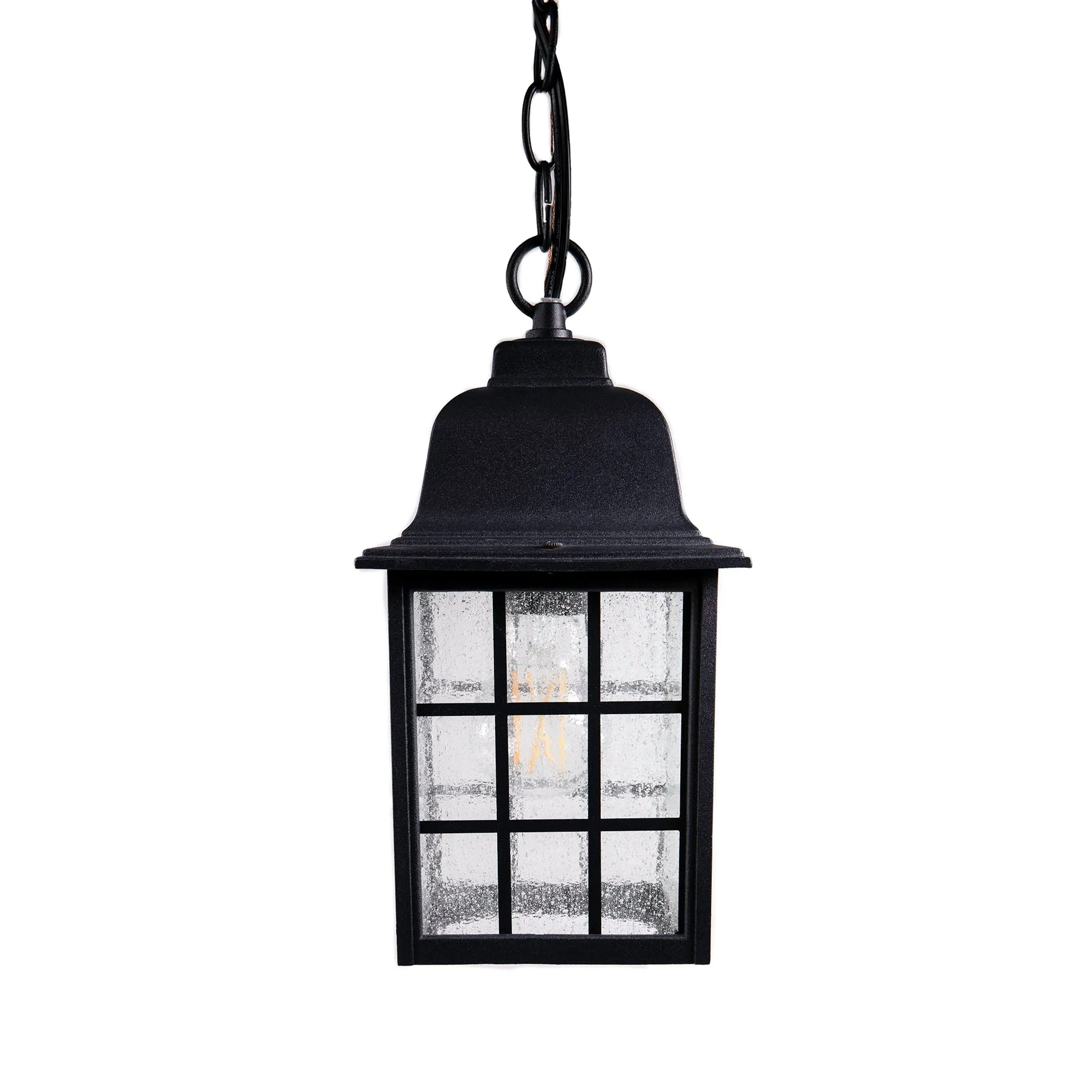 French Pane Outdoor Pendant Light, E26 Standard Socket, Damp Location, Seedy Glass, Black, Smoked Steel or White Finish