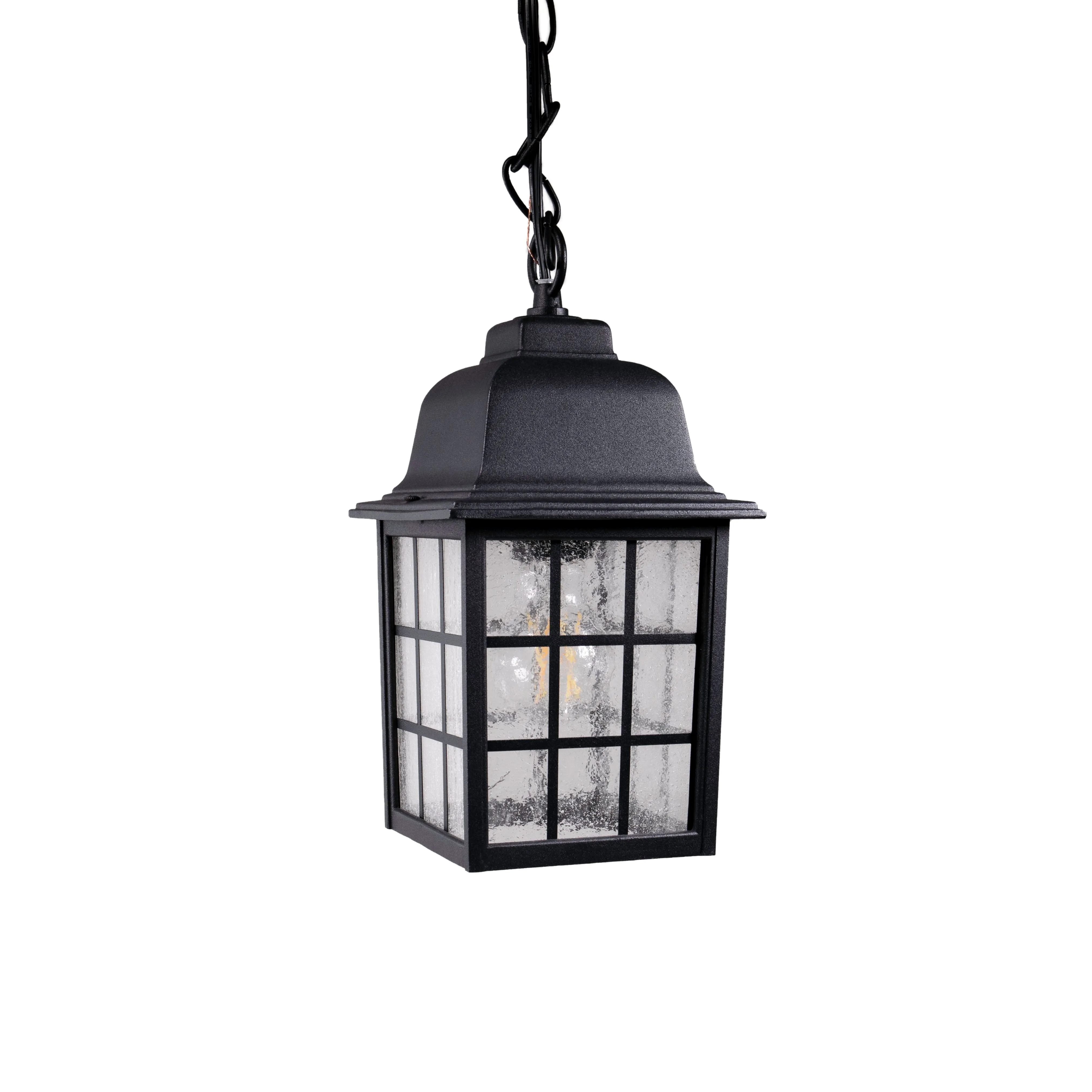 French Pane Outdoor Pendant Light, E26 Standard Socket, Damp Location, Seedy Glass, Black, Smoked Steel or White Finish