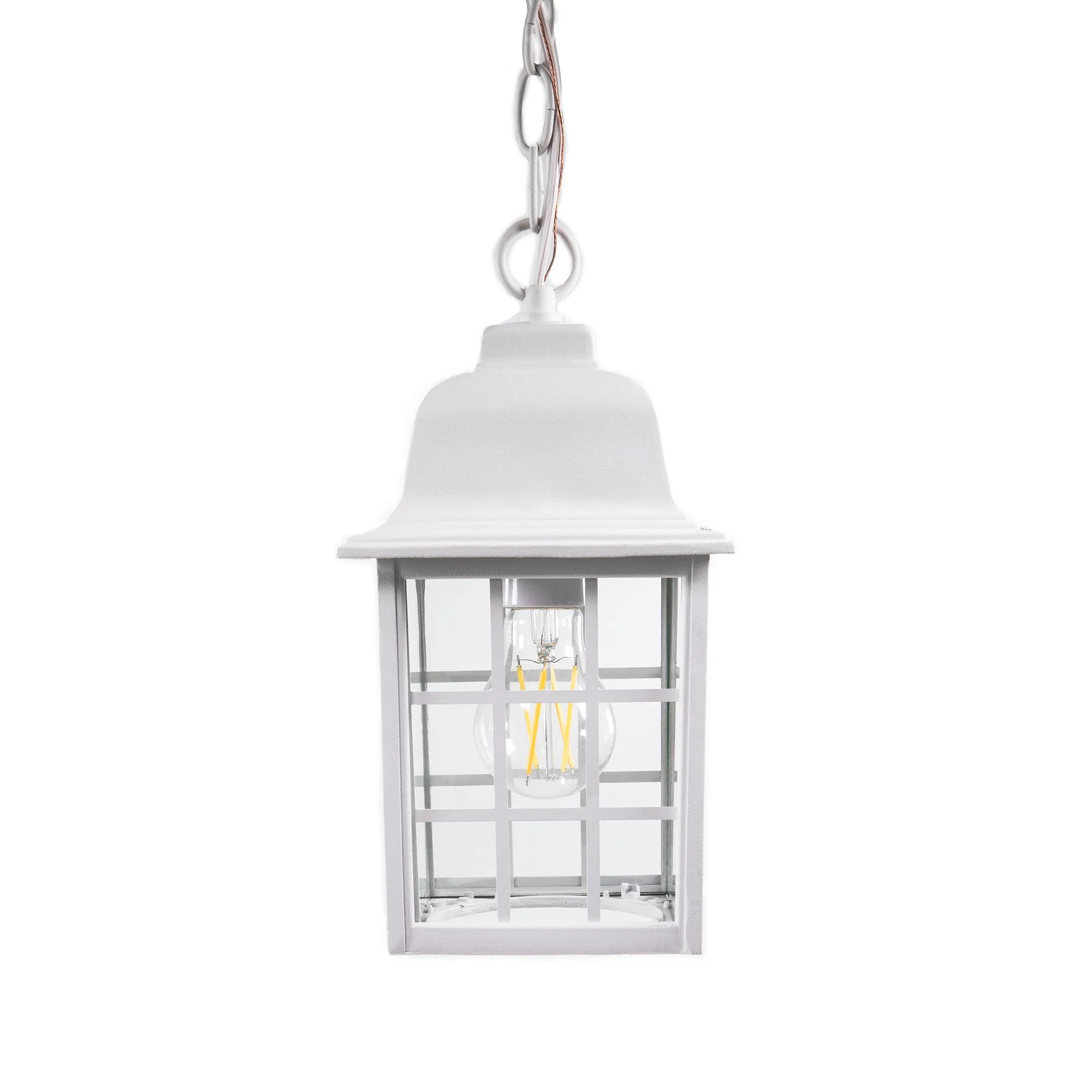 French Pane Outdoor Pendant Light, E26 Standard Socket, Damp Location, Seedy Glass, Black, Smoked Steel or White Finish