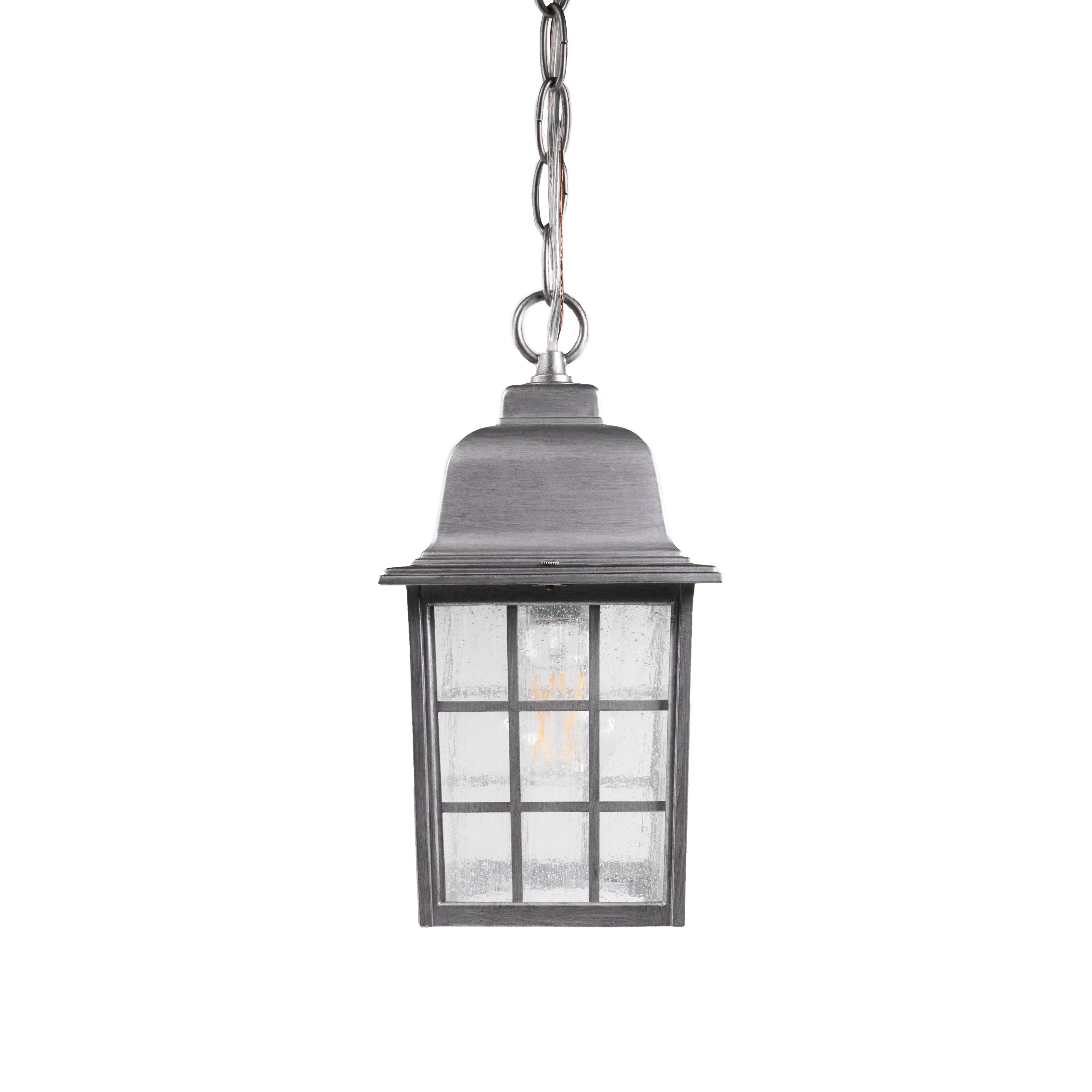 French Pane Outdoor Pendant Light, E26 Standard Socket, Damp Location, Seedy Glass, Black, Smoked Steel or White Finish