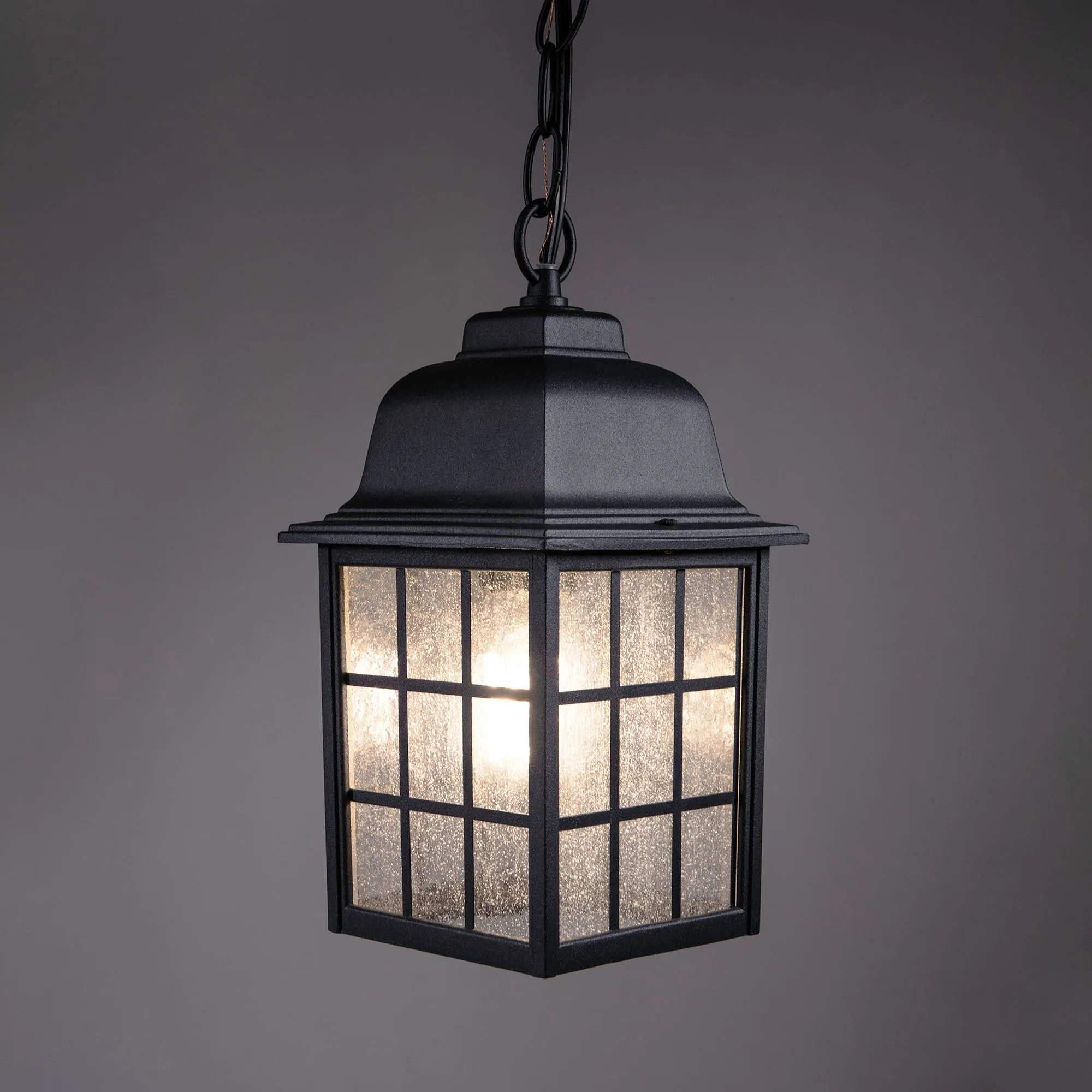 French Pane Outdoor Pendant Light, E26 Standard Socket, Damp Location, Seedy Glass, Black, Smoked Steel or White Finish