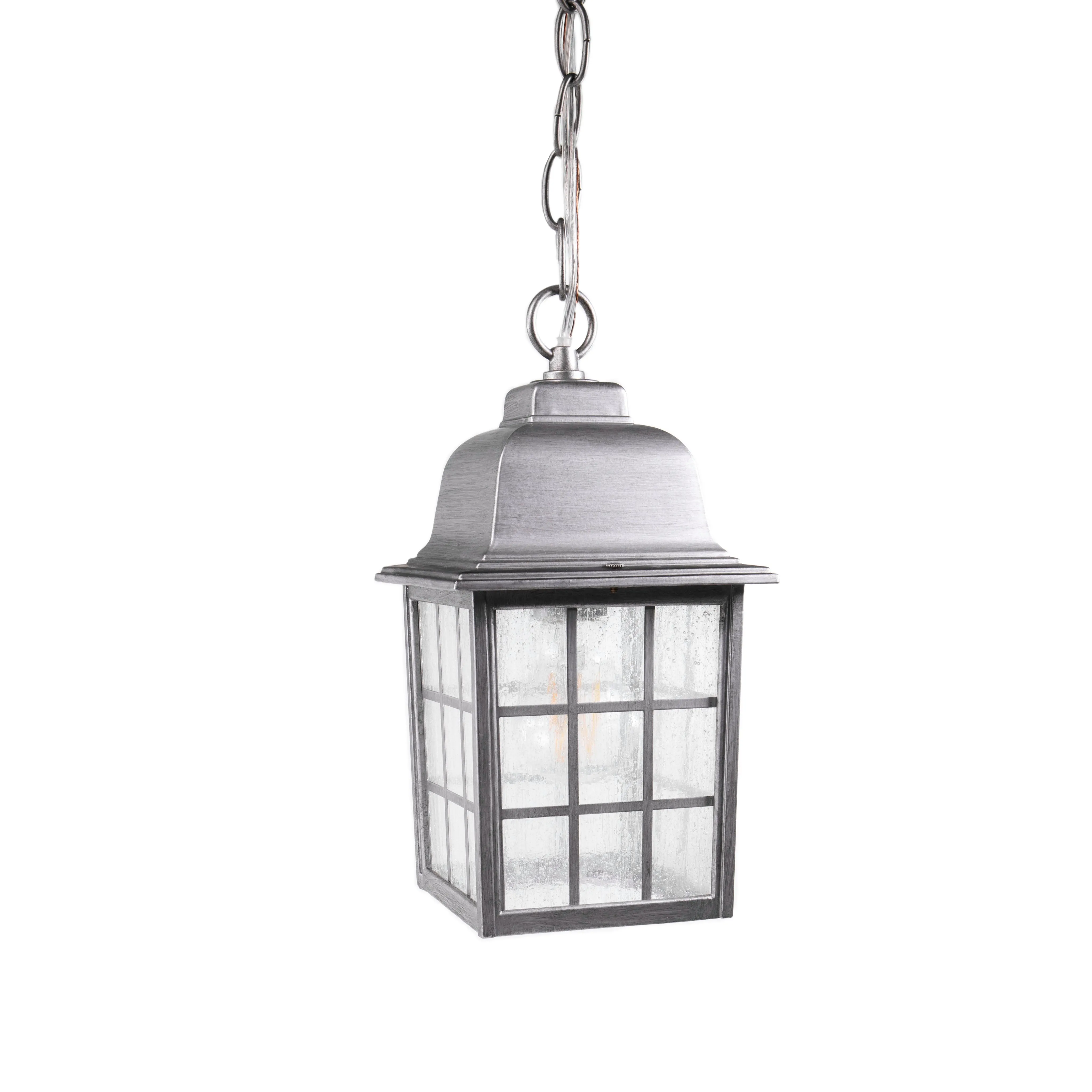 French Pane Outdoor Pendant Light, E26 Standard Socket, Damp Location, Seedy Glass, Black, Smoked Steel or White Finish