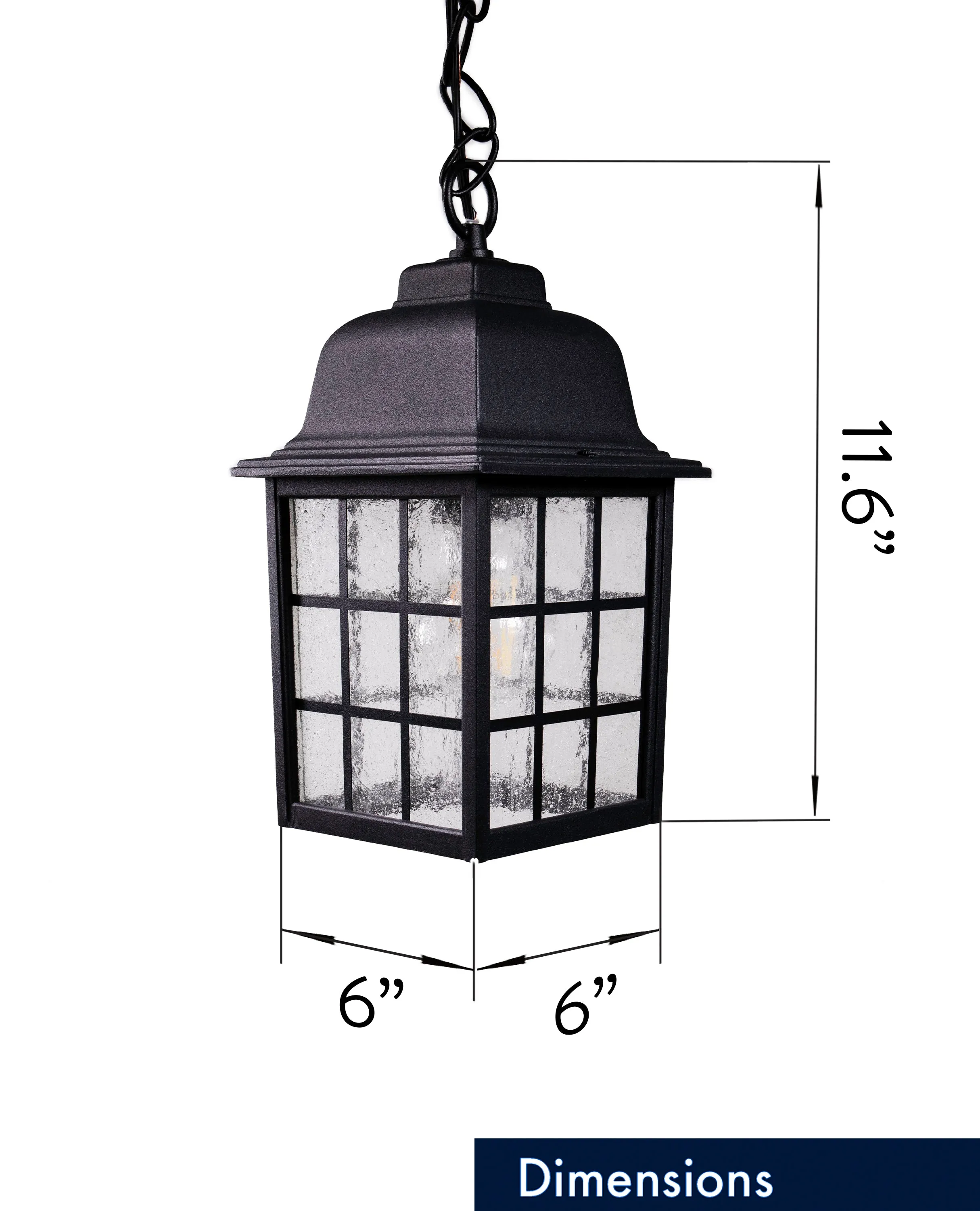 French Pane Outdoor Pendant Light, E26 Standard Socket, Damp Location, Seedy Glass, Black, Smoked Steel or White Finish