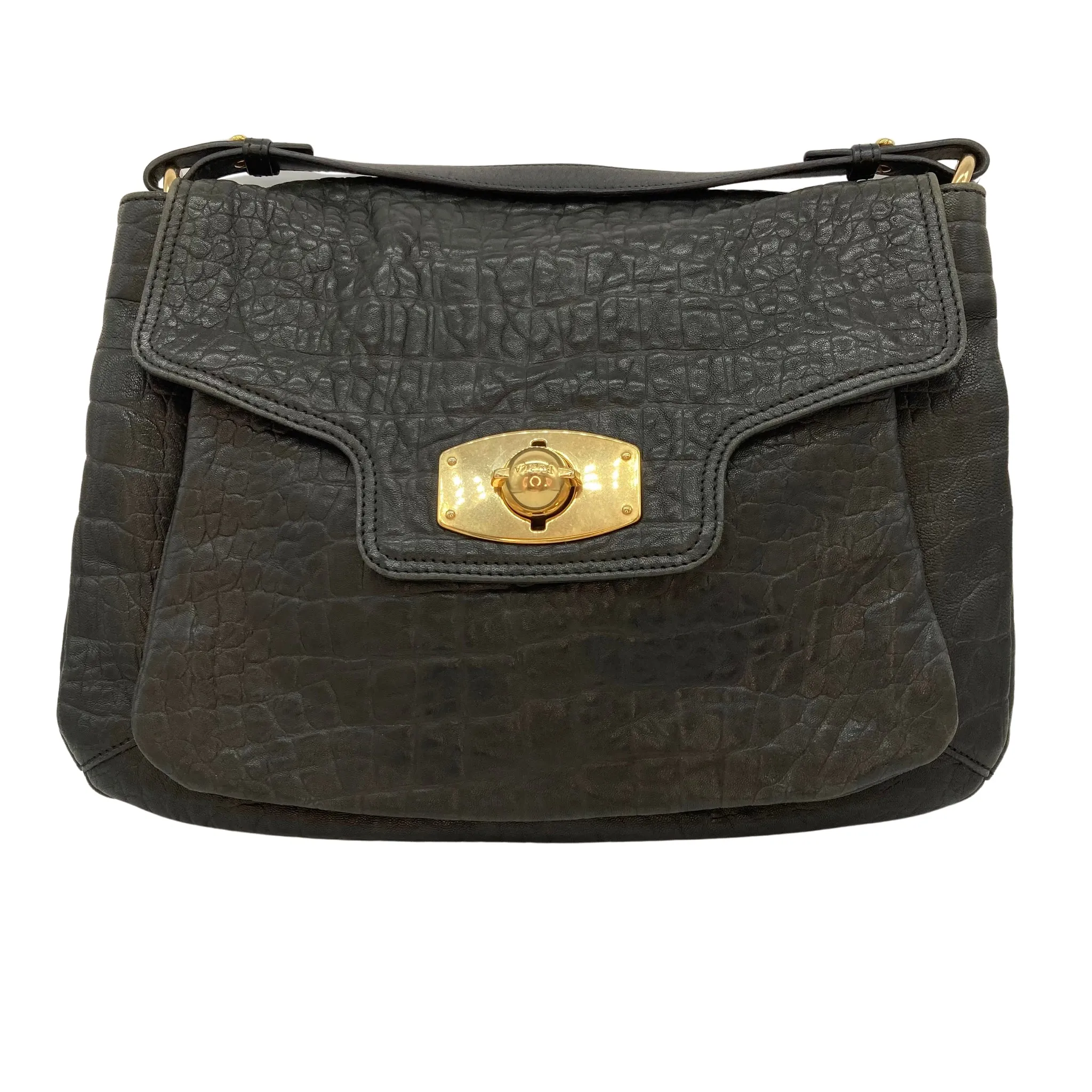 Furla Black Embossed Leather Crocodile Print Shoulder Bag