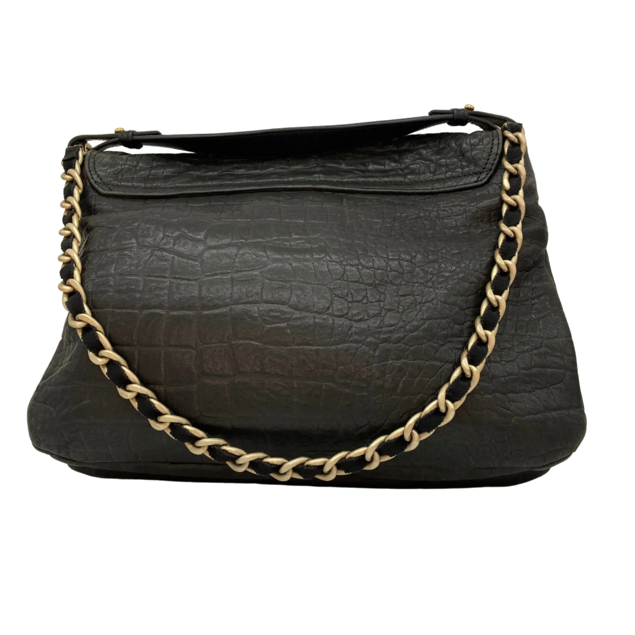 Furla Black Embossed Leather Crocodile Print Shoulder Bag