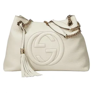 Gucci Soho GG Pebbled Calfskin Medium Gold Chain Shoulder Bag Ivory