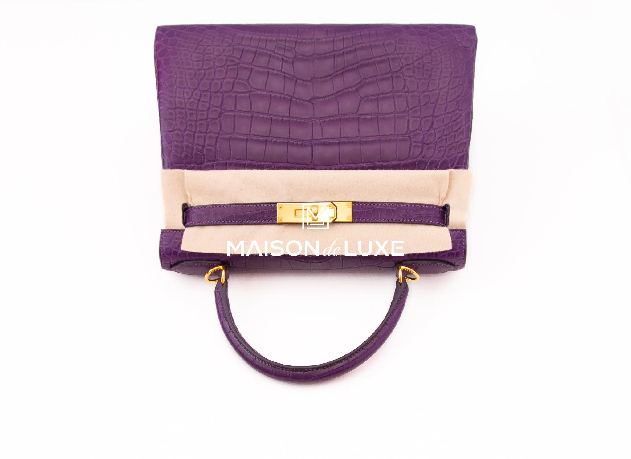 Hermes Kelly Retourne 28 Amethyst Matte Crocodile Alligator Handbag