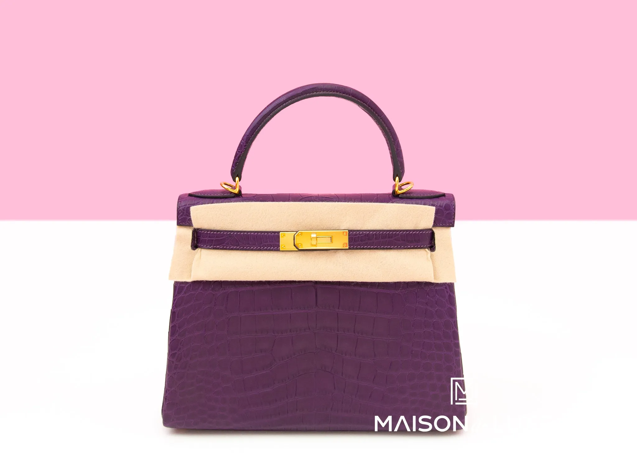 Hermes Kelly Retourne 28 Amethyst Matte Crocodile Alligator Handbag