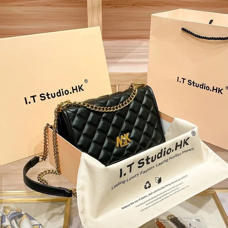 Hong Kong Genuine Leather Bag Classic Style Diamond Pattern Chain Bag Women's 204 Bag New Niche Shoulder Crossbody Small Square Bag