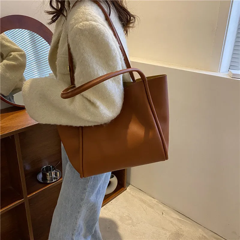 Korean Style Solid Color Bag  New Women's Bag Simple Portable Tote Bag Large Capacity Spring Fashion Shoulder Bag