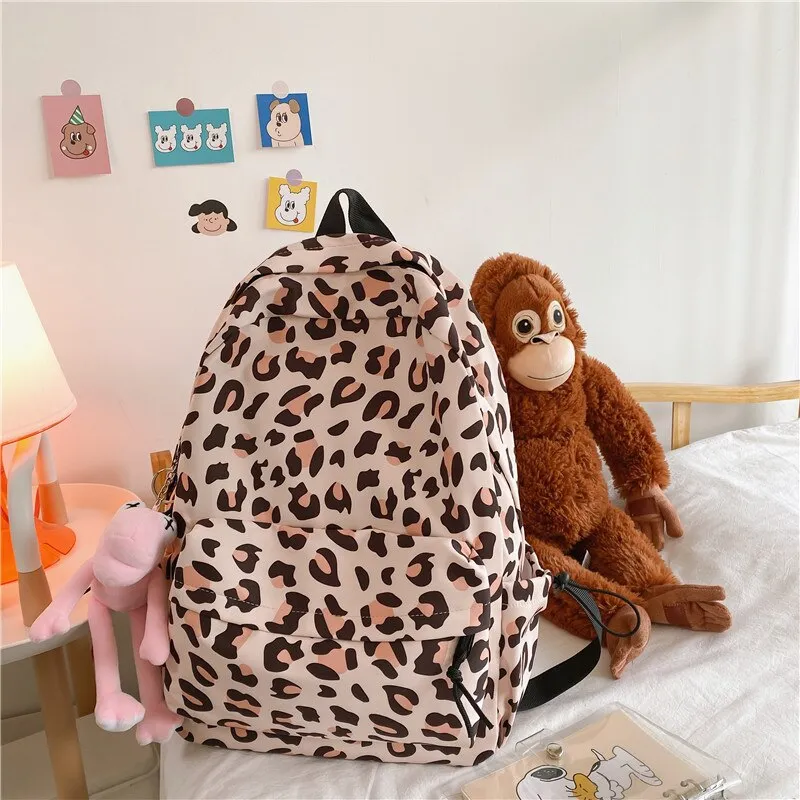 Large Capacity Waterproof Fashion Nylon Women Backpack Female Leopard Print Travel Computer Bag College Girls School Bag