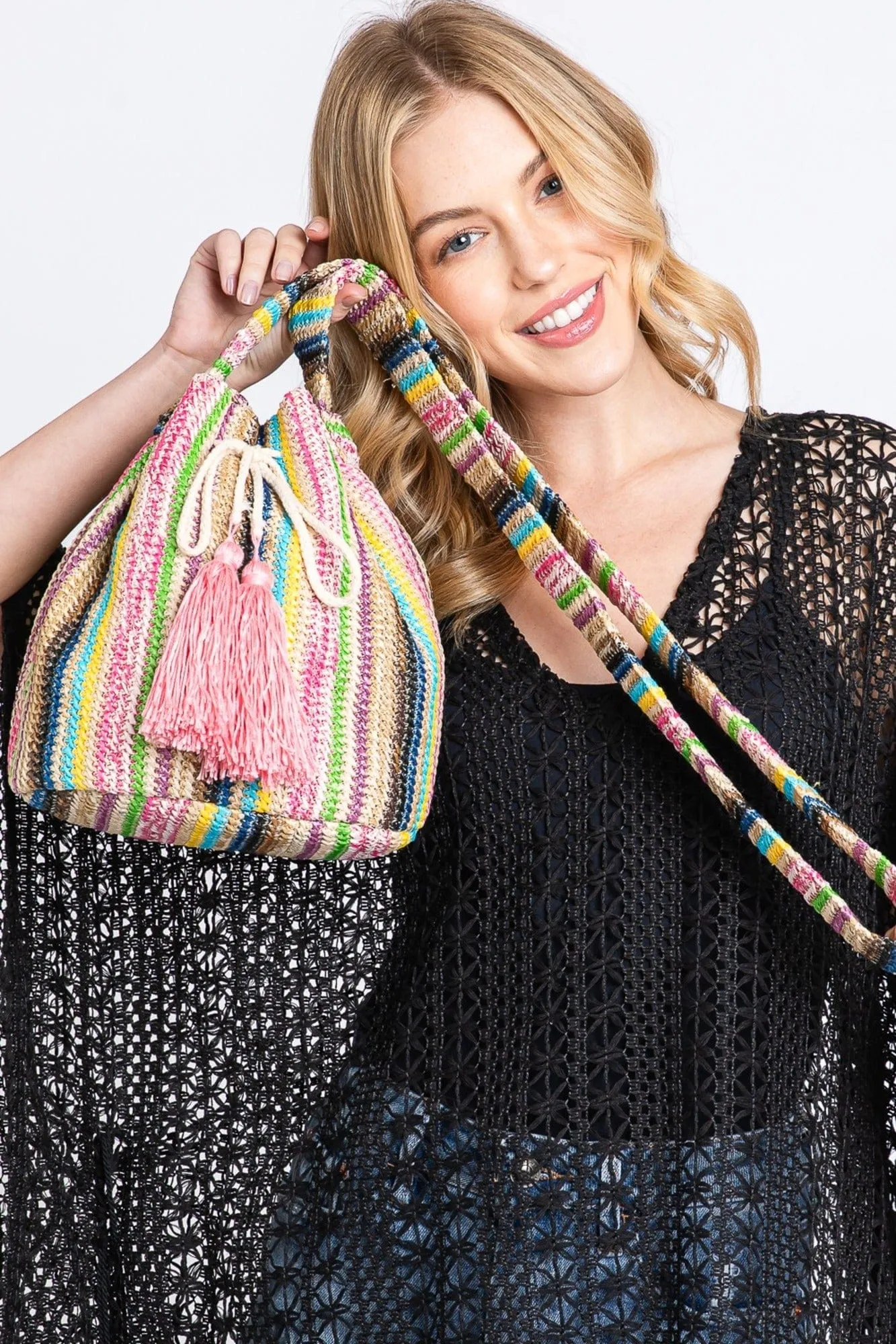 MB0236 Harmony Multi Color Striped Straw Bucket Bag