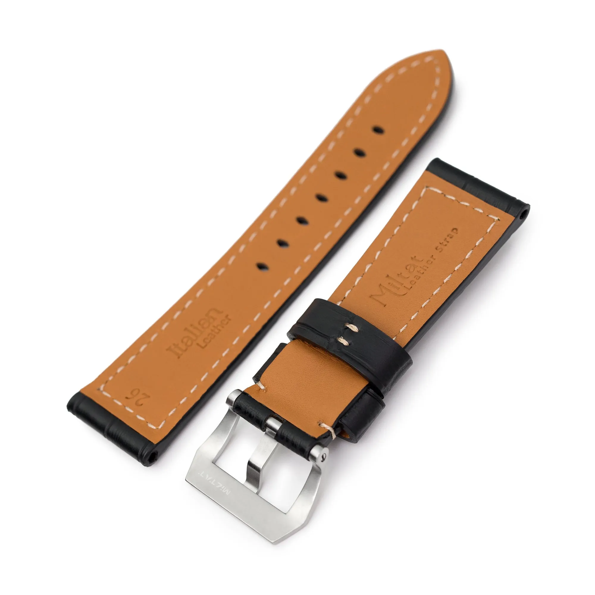 Pam Collection, Black Croco Grain Italian Leather Watch Strap for Panerai, Beige Stitching