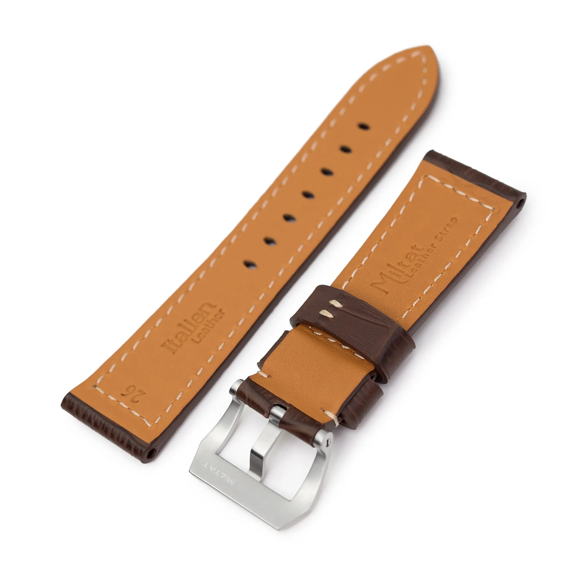 Pam Collection, Dark Brown Croco Grain Italian Leather Watch Strap for Panerai, Beige Stitching