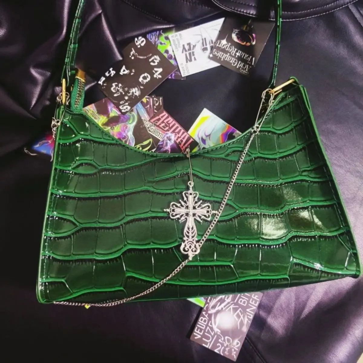 Punk Crocodile Gothic Underarm Y2k Chains Pattern Green Cross Street High Bag